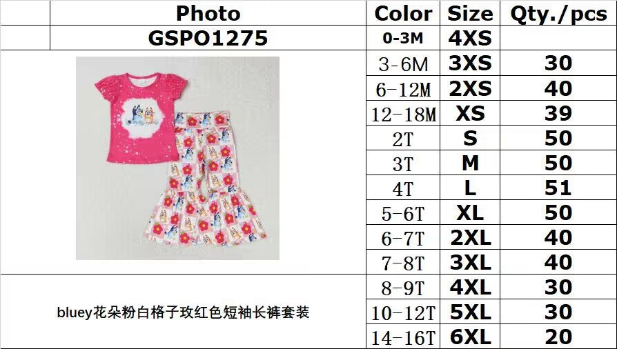 RTS no moq GSPO1275 bluey flower pink and white plaid rose red short-sleeved trousers set