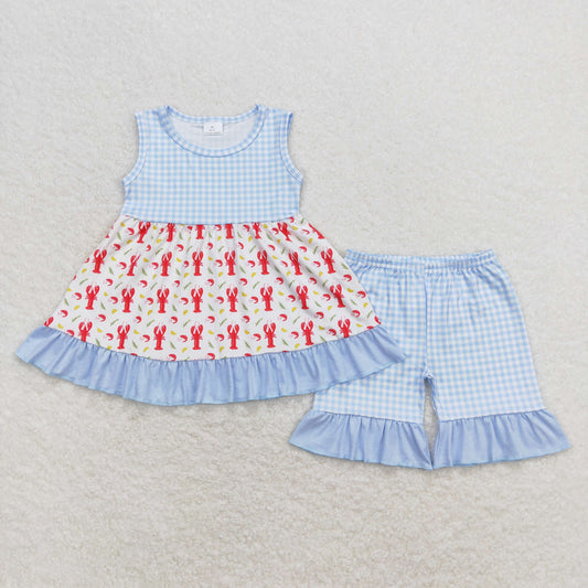 RTS NO MOQ（In Stock) Crayfish corn blue and white plaid sleeveless shorts suit