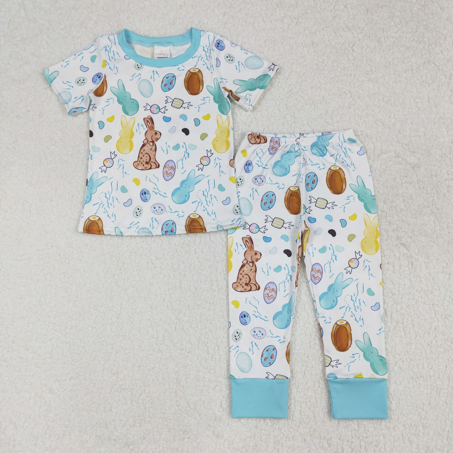 RTS NO MOQ ETA 5/7days Arrived BSPO0557 Easter bunny egg candy blue and white short-sleeved long pants pajama set