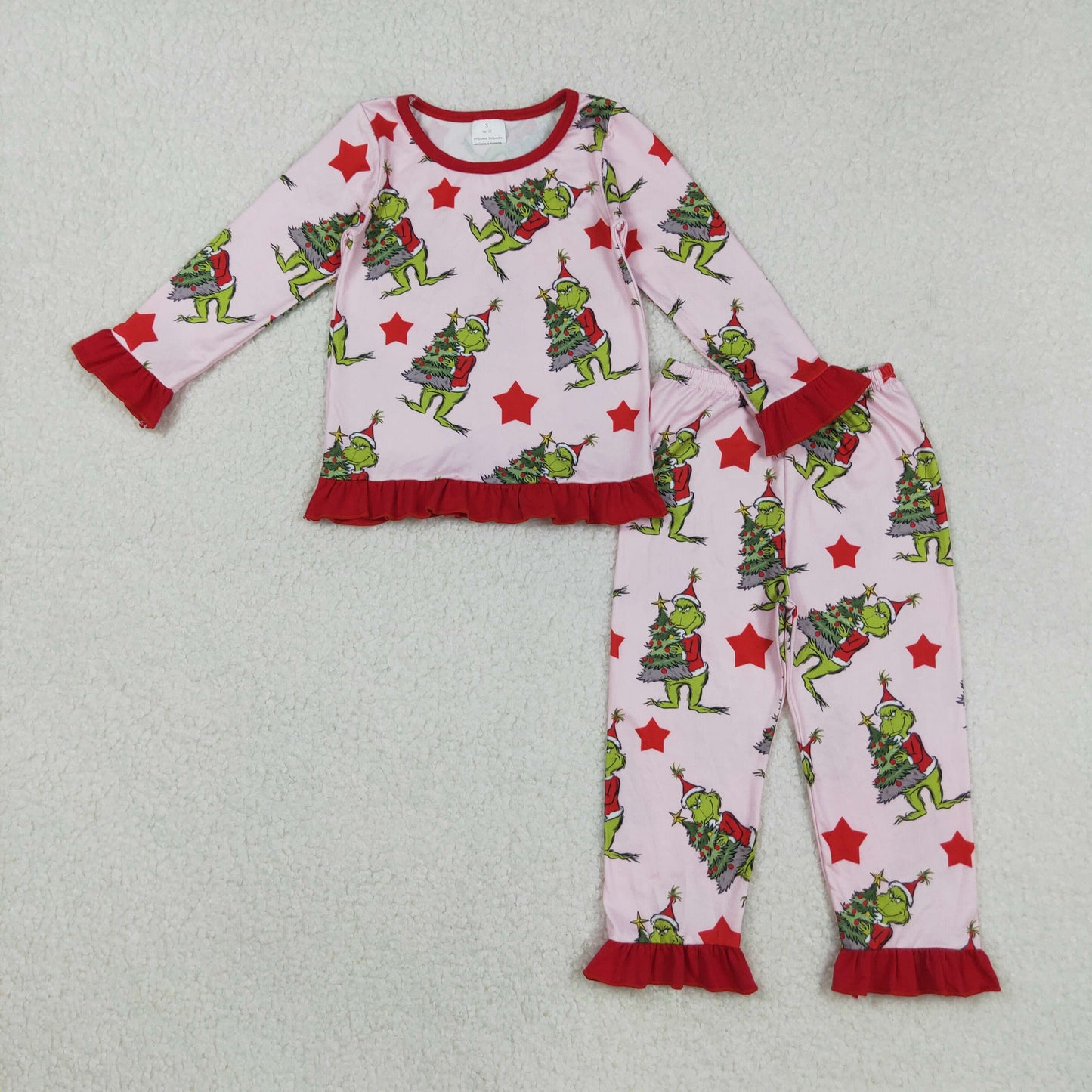 RTS NO MOQ（In Stock) GLP2646 Christmas cartoon Tree Star Red Lace Pink Long Sleeve Pants Pajama Set