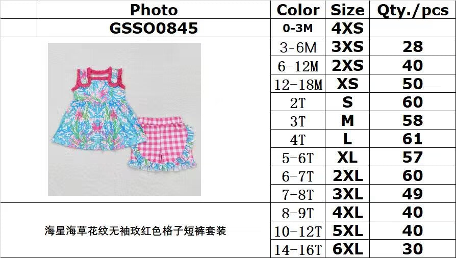 GSSO0845 Starfish and seaweed pattern sleeveless rose red plaid shorts suit