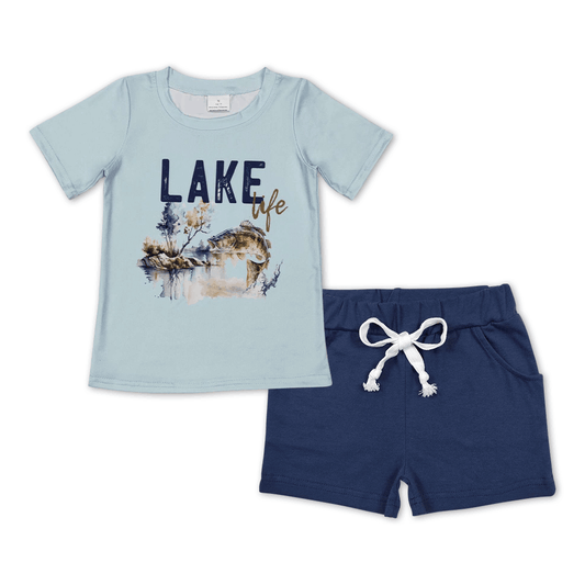 BT0339+SS0136 lake life letter fishing blue short-sleeved top Navy blue pocket shorts