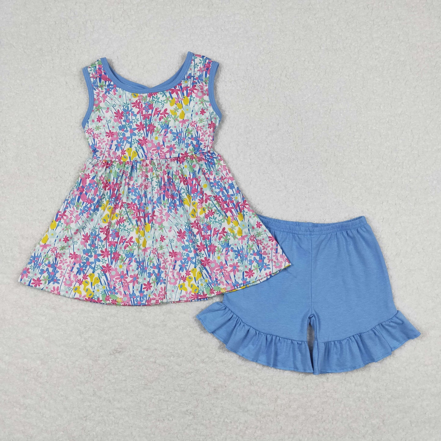 GSSO0547 Floral blue bow sleeveless shorts suit