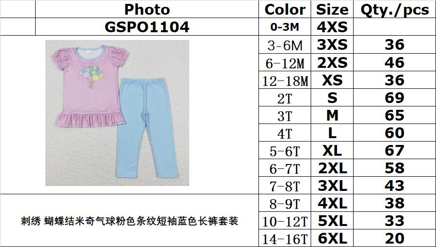 GSPO1104 Embroidered Bow Mickey Balloon Pink Striped Short Sleeve Blue Pants Suit