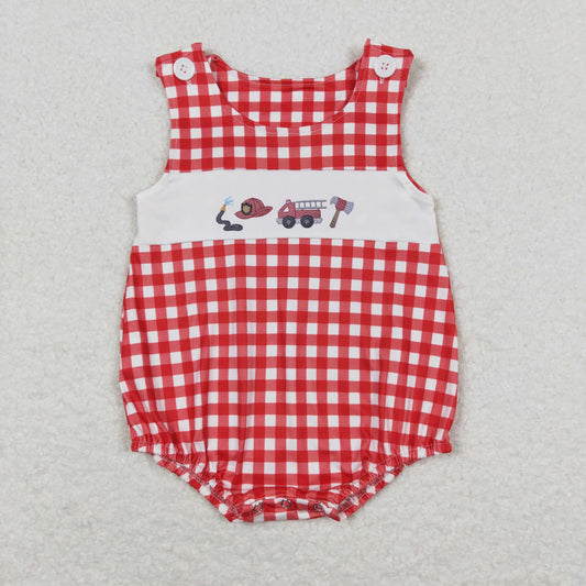 RTS NO MOQ（In Stock) Fire truck red and white plaid vest jumpsuit