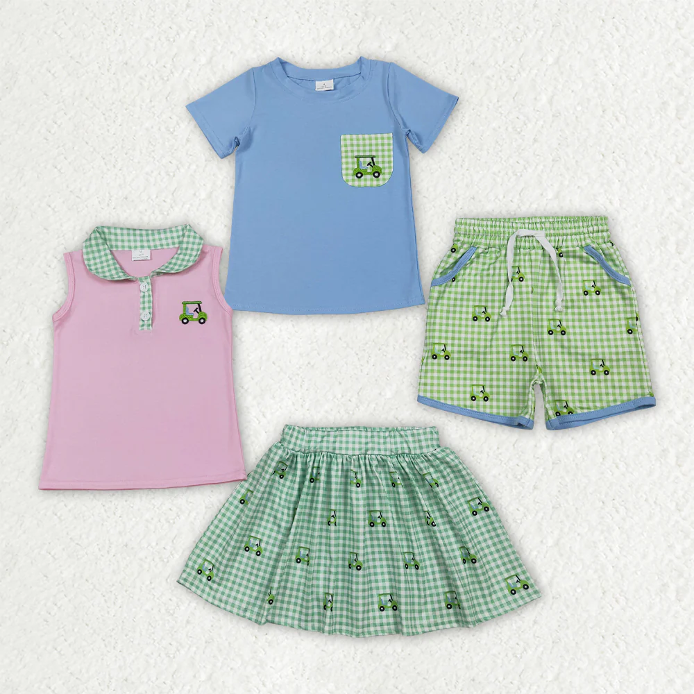 RTS NO MOQ sibling baby girls boy clothes embroidery golf short sleeve Clothes Sets and skirts sets