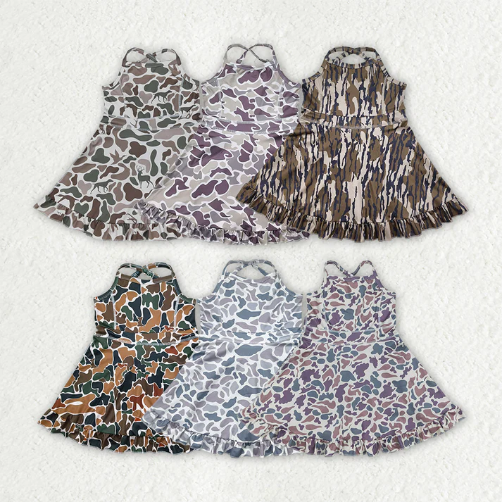 RTS NO MOQ baby girl clothes yoga camouflage suspender skirt sets