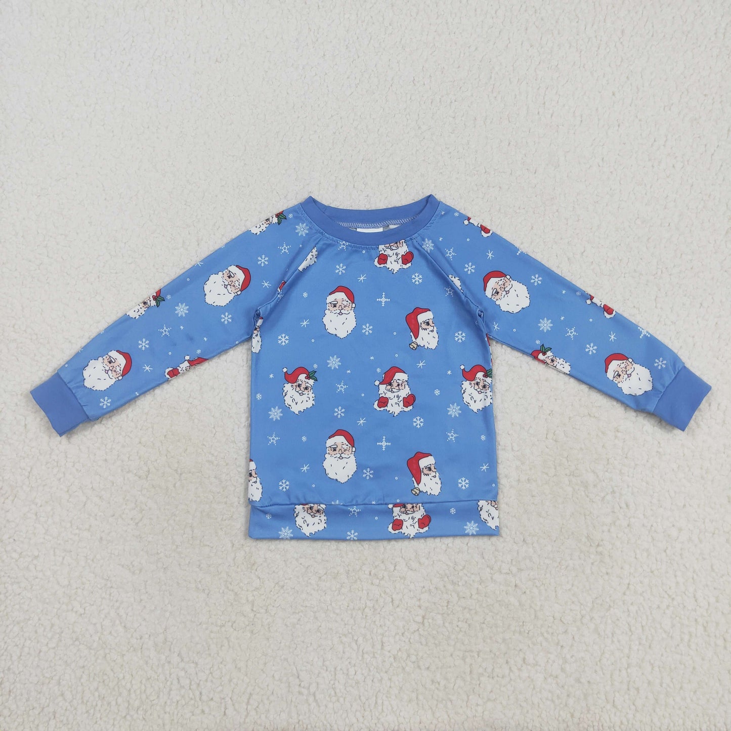 RTS NO MOQ（In Stock) BT1289 Santa Claus Snowflake Blue Long Sleeve Top