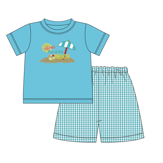 custom moq 5 eta 5-6 weeks baby boys clothes dark blue short sleeve grid shorts summer outfit