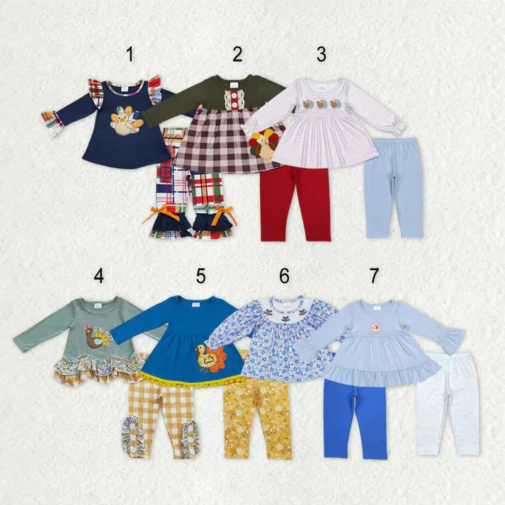 RTS NO MOQ Sibling Baby girls clothes embroidery turkey long-sleeved trousers suits