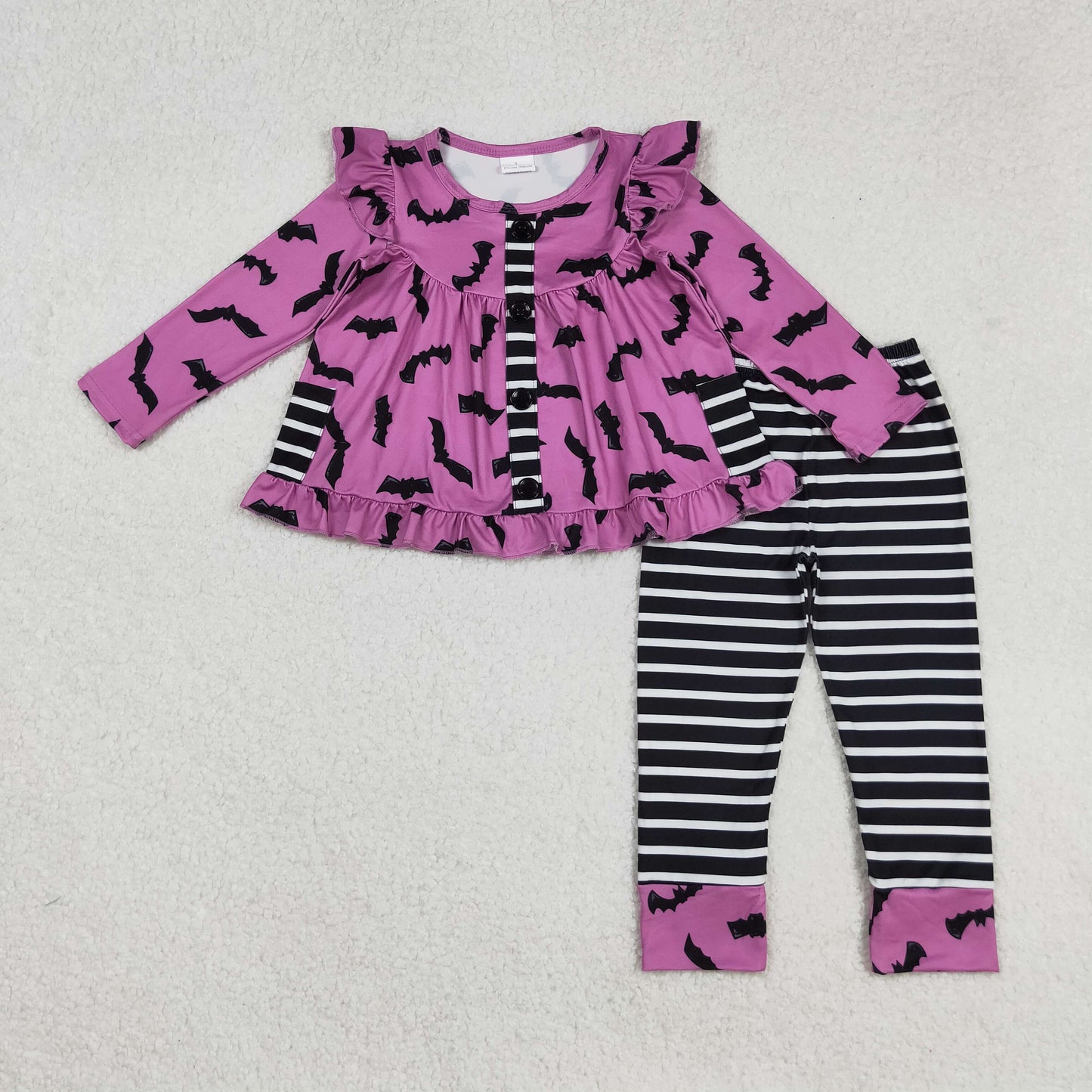 RTS NO MOQ（In Stock) GLP2693 Halloween Bat Black and White Striped Pocket Purple Long-Sleeved Pants Set