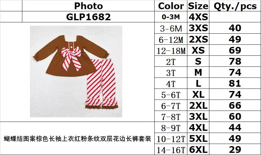 rts no moq GLP1682 Bow pattern brown long-sleeved top with red and pink stripes double-layer lace trousers set