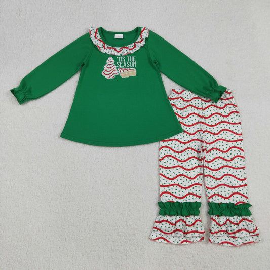 RTS NO MOQ（In Stock) GLP2518 Tes The Season Embroidered Christmas Tree Cookie Lace Green Long-Sleeved Pantsuit