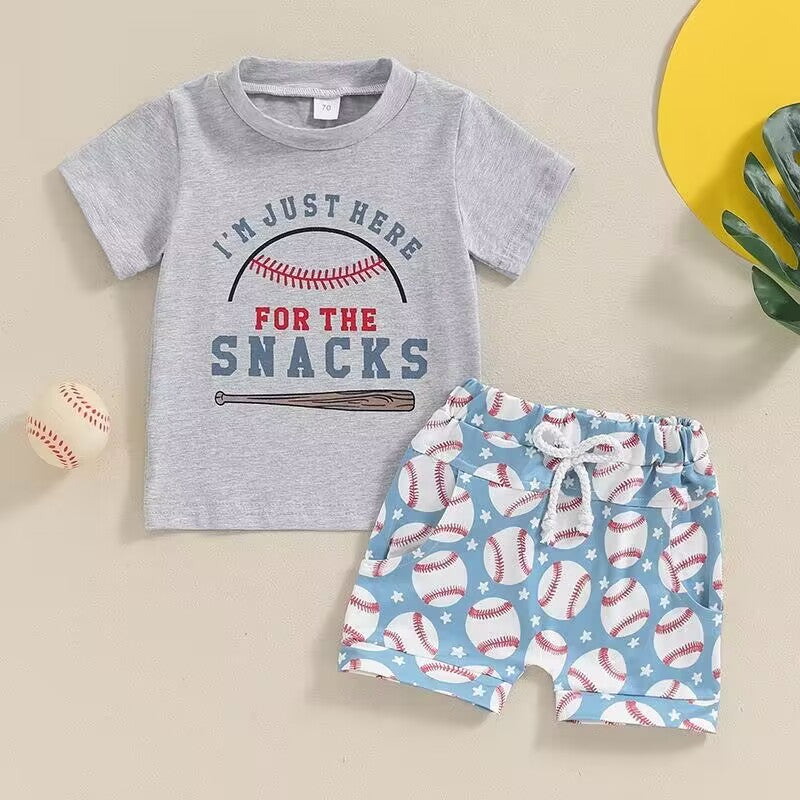 custom moq 5 eta 5-6 weeks baby boys clothes snacks gray short sleeve baseball shorts summer outfit