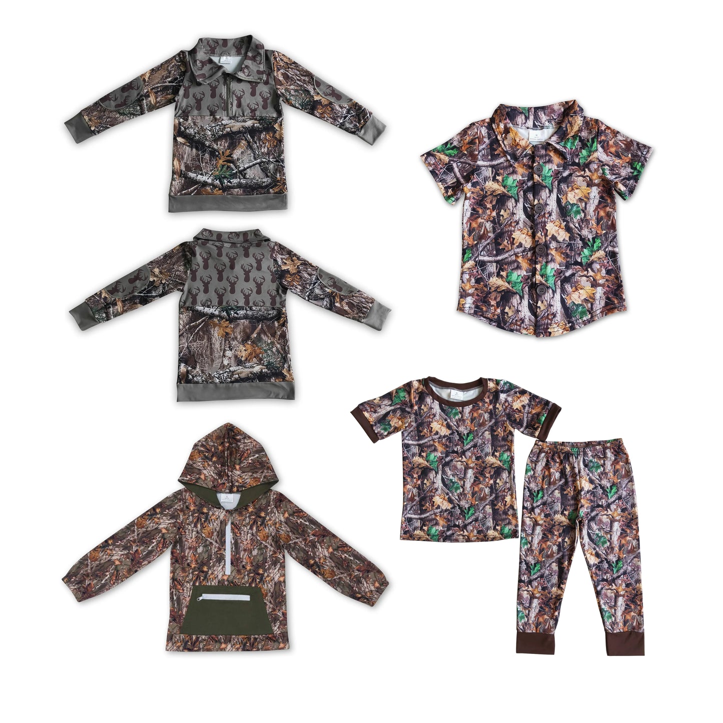 RTS NO MOQ Brown long-sleeved top & short-sleeved shirt & hoodie & short-sleeved pants set with dead leaves and branches