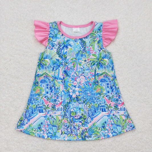 GT0563 Flower pattern blue flying sleeve top