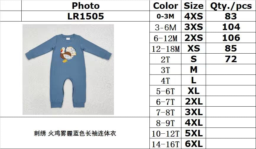 RTS NO MOQ ETA 5/7days Arrived LR1505 Embroidered turkey haze blue long-sleeved jumpsuit