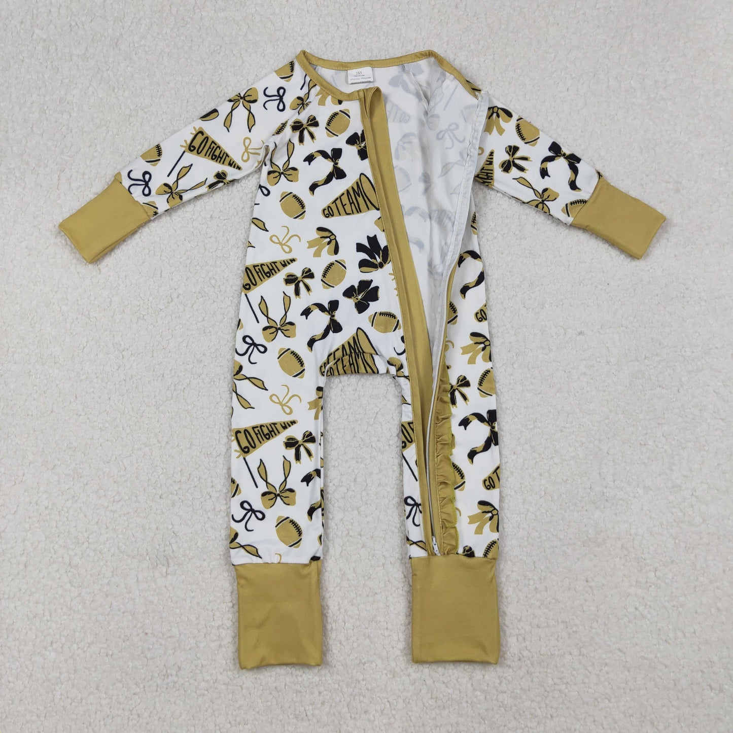 RTS NO MOQ（In Stock) LR2515 Football Trumpet Bow Pattern Gold Lace Zipper Long Sleeve Bodysuit