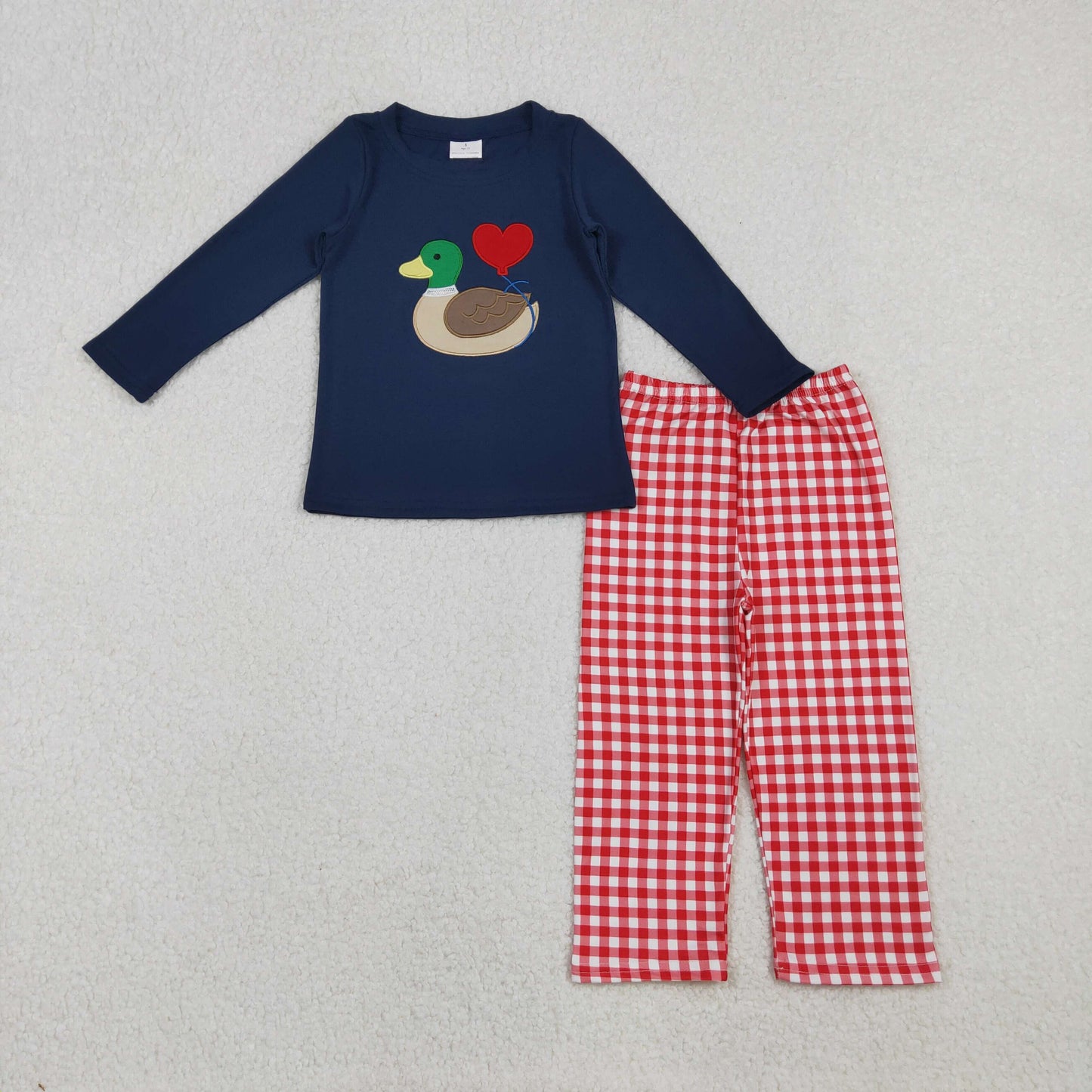 RTS NO MOQ（In Stock) Navy Blue Long-Sleeved Red and White Plaid Pant Set with Embroidered Valentine's Day Heart Duck