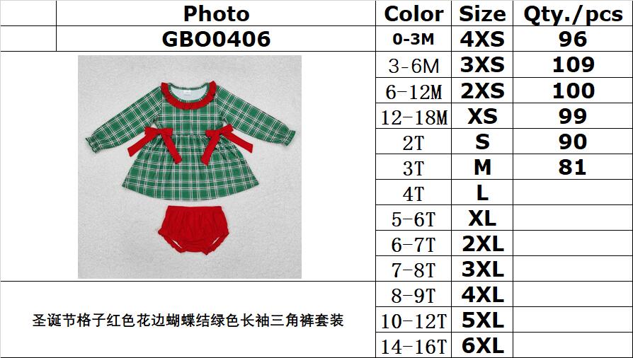 RTS NO MOQ ETA 5/7days Arrived GBO0406 Christmas Plaid Red Lace Bow Green Long Sleeve Briefs Set