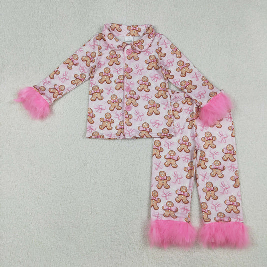 RTS NO MOQ（In Stock) GLP2374 Gingerbread man pink bow pattern long-sleeved pantsuit with plush trim