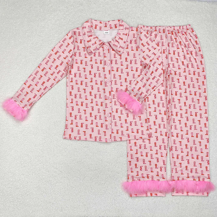 RTS NO MOQ Family Mommy and Me Baby Girls Western Pink Boots Fur Pajamas Rompers