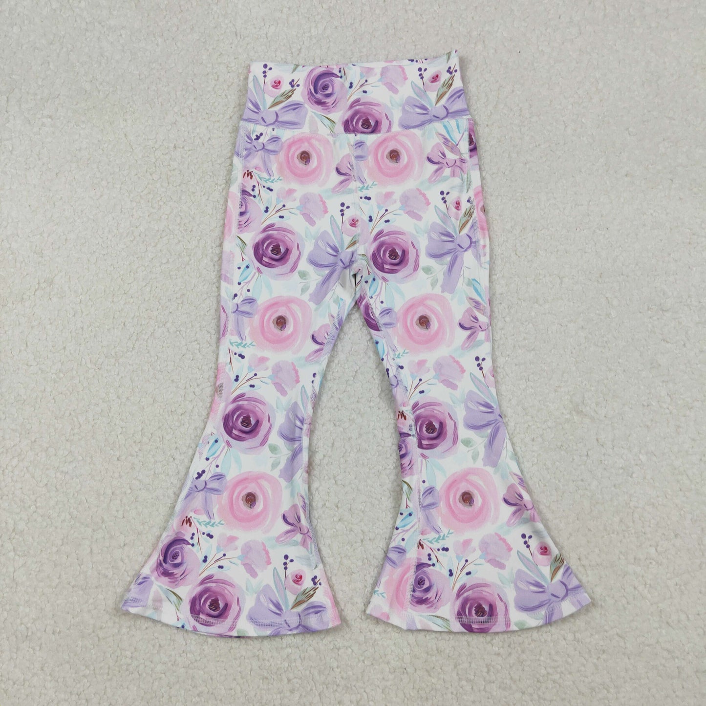 RTS NO MOQ（In Stock) P0774 White Pink and Purple Flower Bow Pattern Yoga Pants