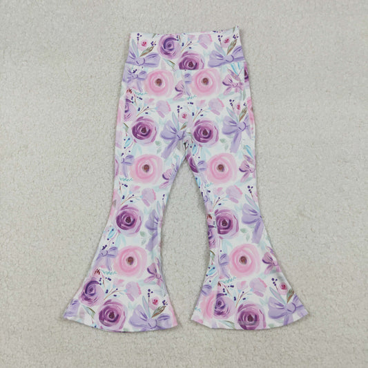 RTS NO MOQ（In Stock) P0774 White Pink and Purple Flower Bow Pattern Yoga Pants