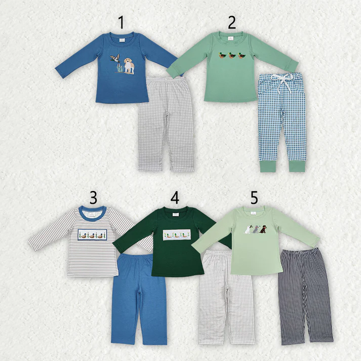 RTS NO MOQ Sibling Baby boy clothes Embroidery puppy duck long-sleeved trousers suits