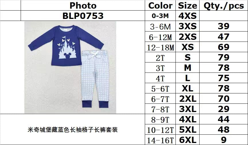 RTS NO MOQ ETA 5/7days Arrived BLP0753 Mickey Castle navy blue long-sleeved plaid trousers set
