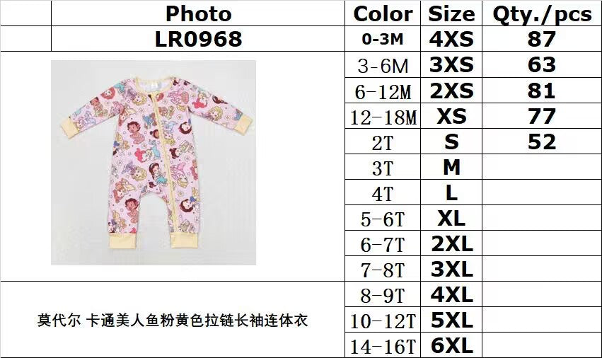 bamboo rts no moq LR0968 Modal Cartoon Mermaid Pink Yellow Zipper Long Sleeve One-Piece