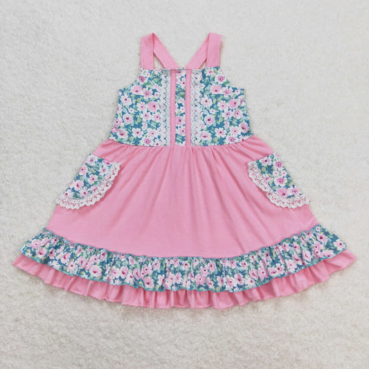 GSD0807 Flower pocket lace pink suspender dress