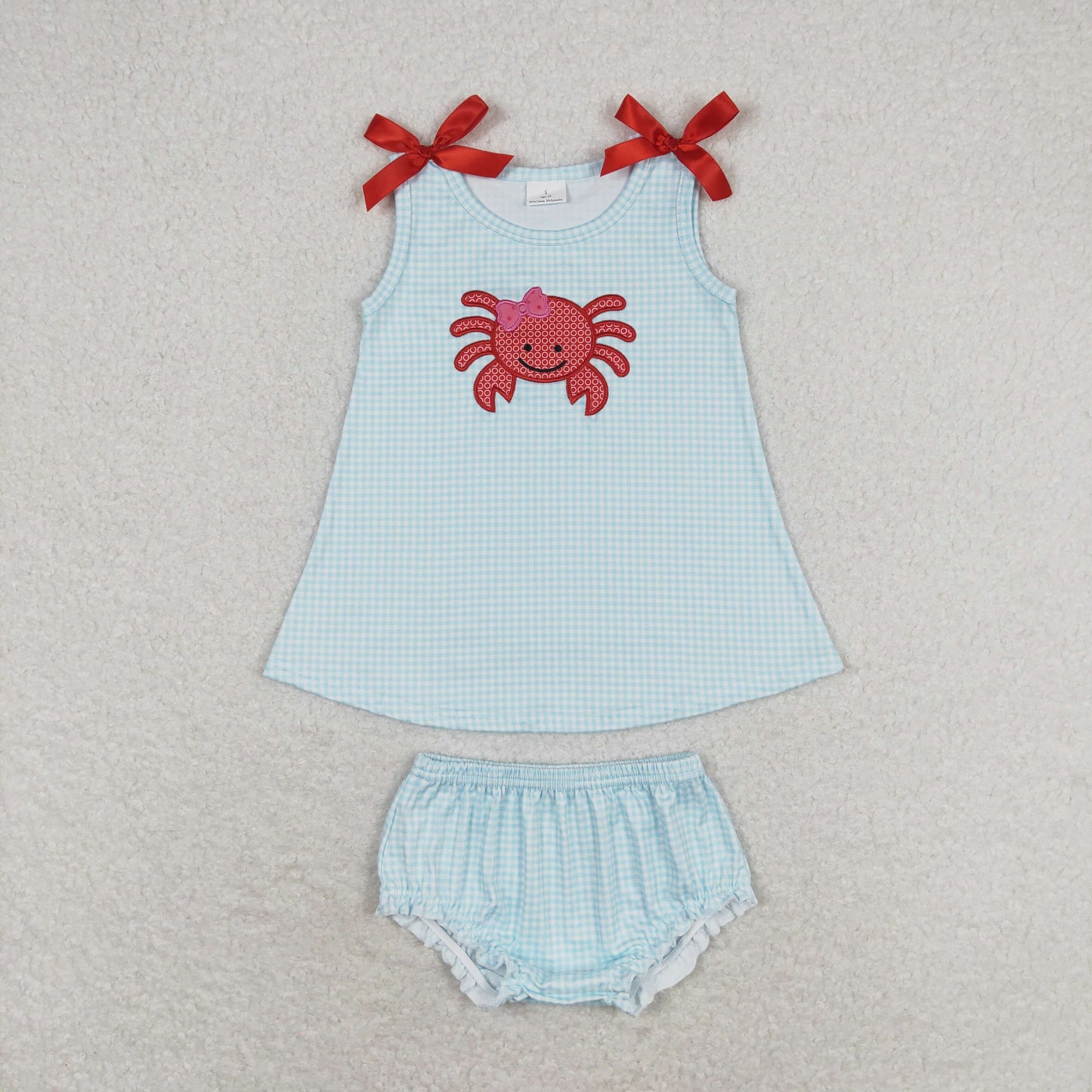 RTS no moq GBO0267 Embroidered crab blue and white plaid sleeveless top briefs set
