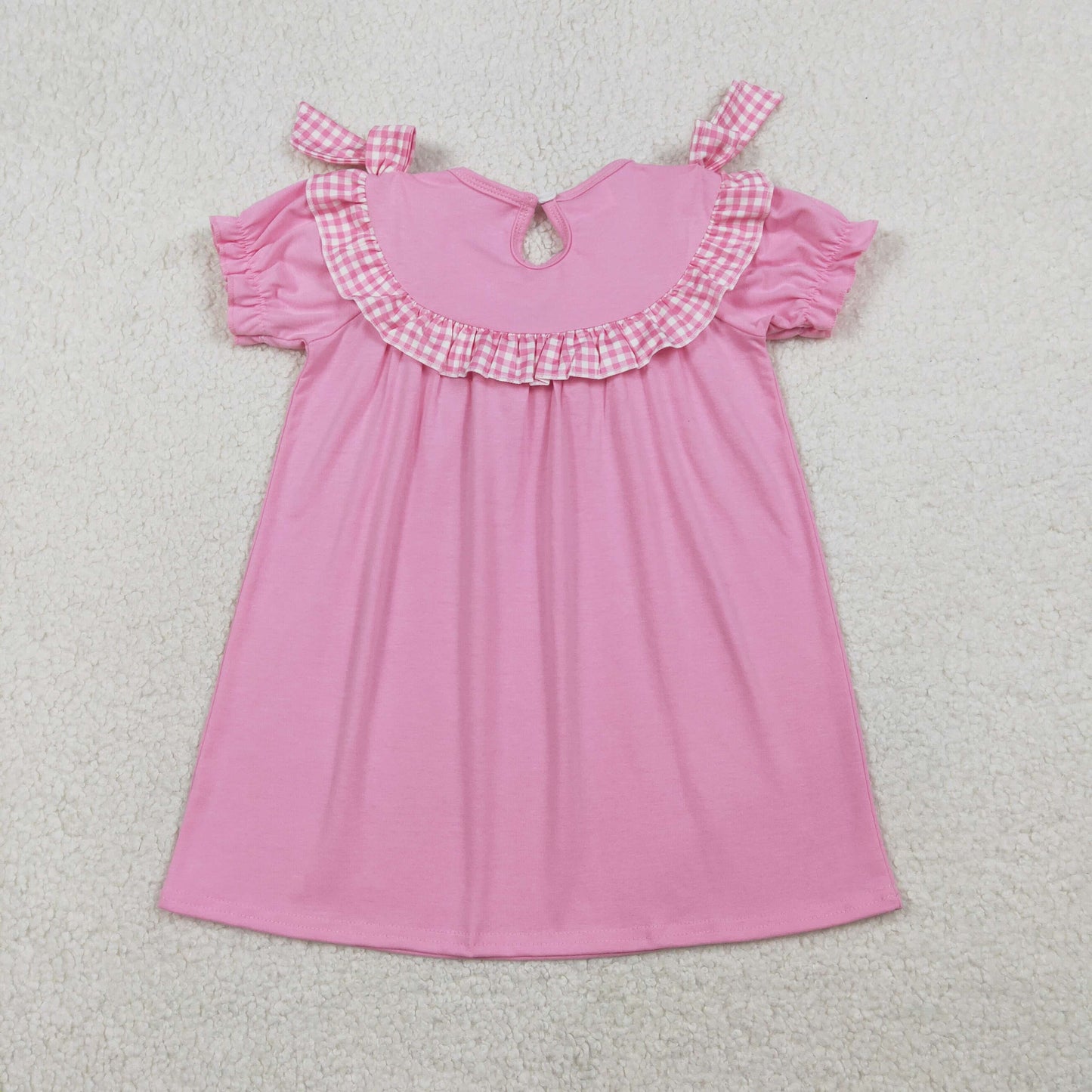 RTS NO MOQ（In Stock ) GSD3178 Embroidered cross, pink and white checkered lace short-sleeved dress