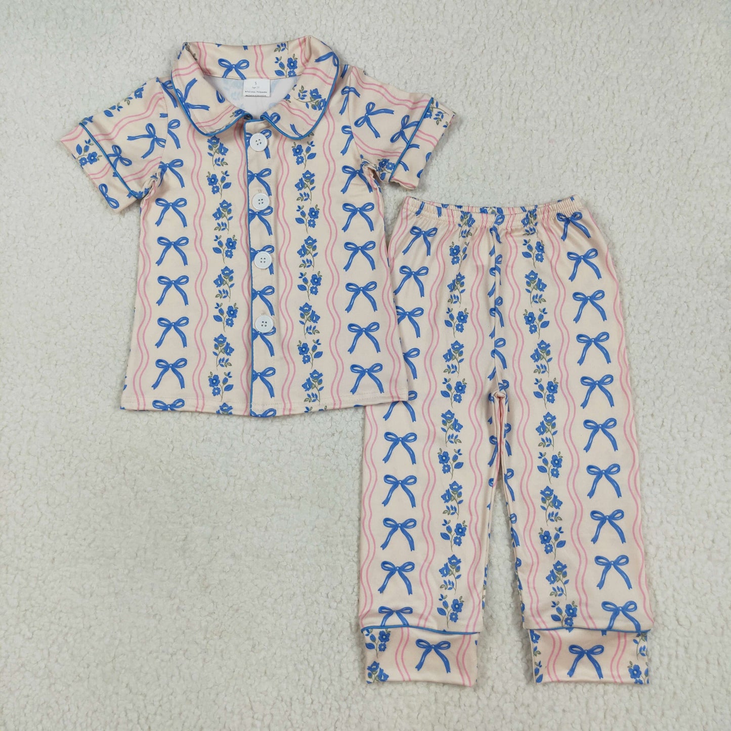 RTS NO MOQ（In Stock) GSPO2050 Flower wave line blue bow pattern short-sleeved long pants pajamas set