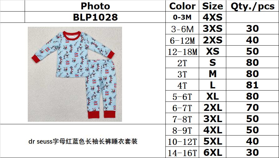 RTS NO MOQ ETA 5/7days Arrived BLP1028 Dr Seuss letter red and blue long-sleeved pants pajama set