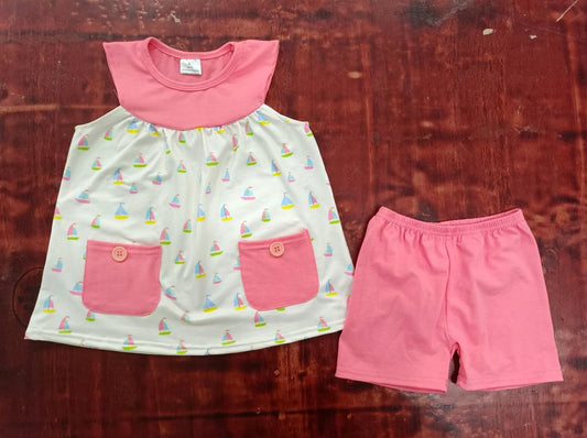 custom moq 5 eta 4-6weeks summer baby girls clothes boat pink short sleeve shorts sets
