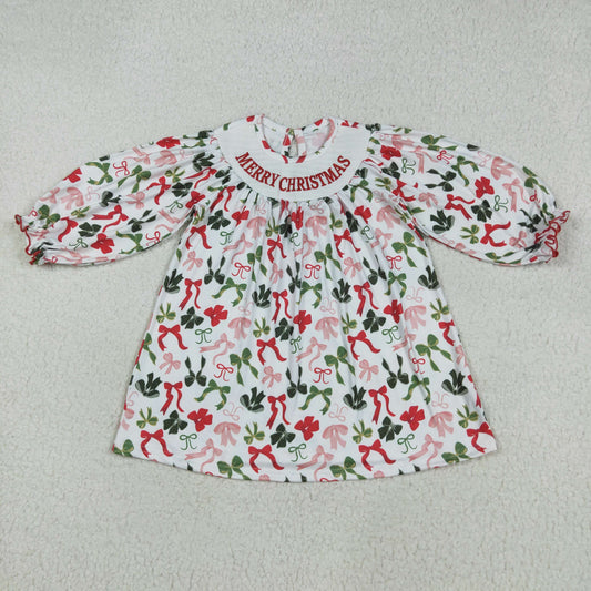RTS NO MOQ（In Stock）GLD1094 smocked merry christmas embroidered Christmas bow pattern white long sleeve dress