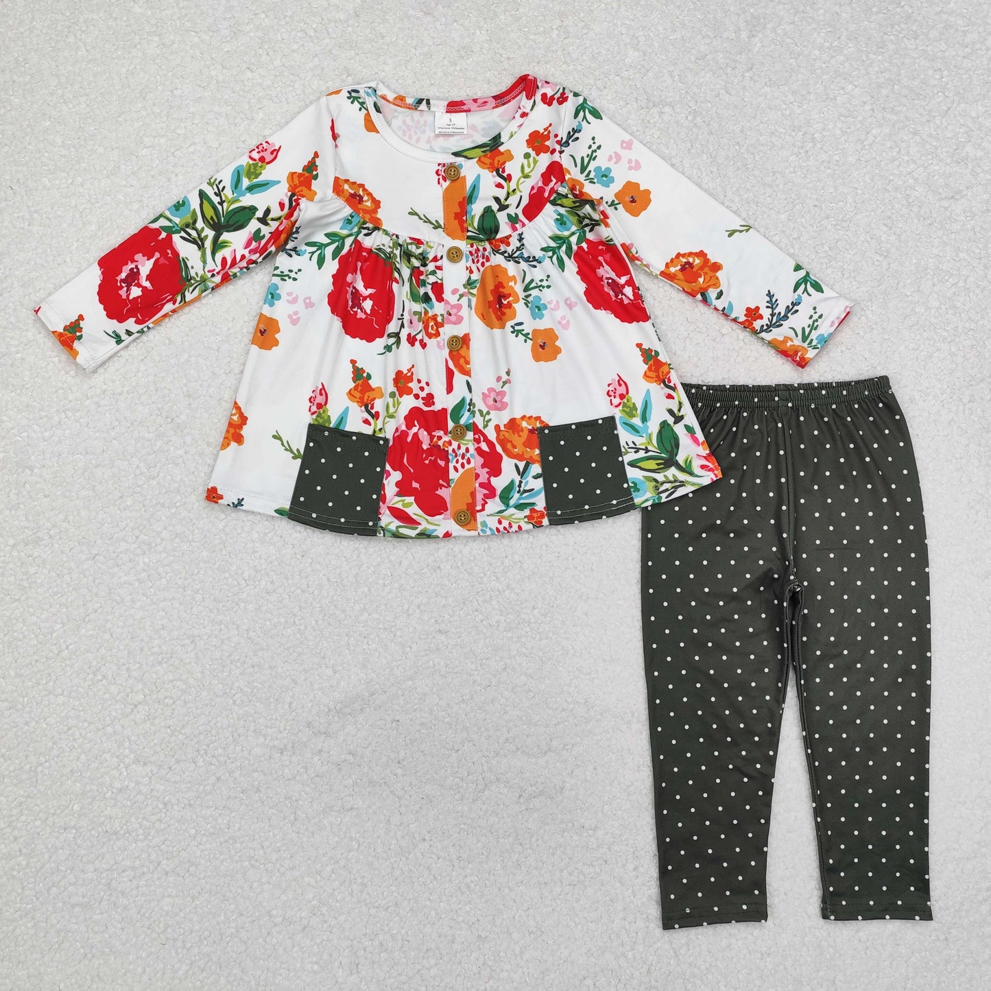 RTS NO MOQ ETA 5/7days Arrived GLP1851 Flower leaf polka dot green pocket long-sleeved pants set