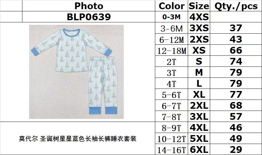 bamboo rts no moq BLP0639 Modal Christmas tree star blue long-sleeved trousers pajama set