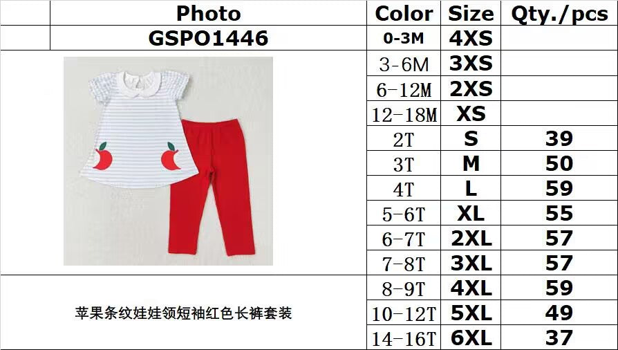 RTS no moq GSPO1446 Apple Stripe Doll Collar Short Sleeve Red Pants Suit