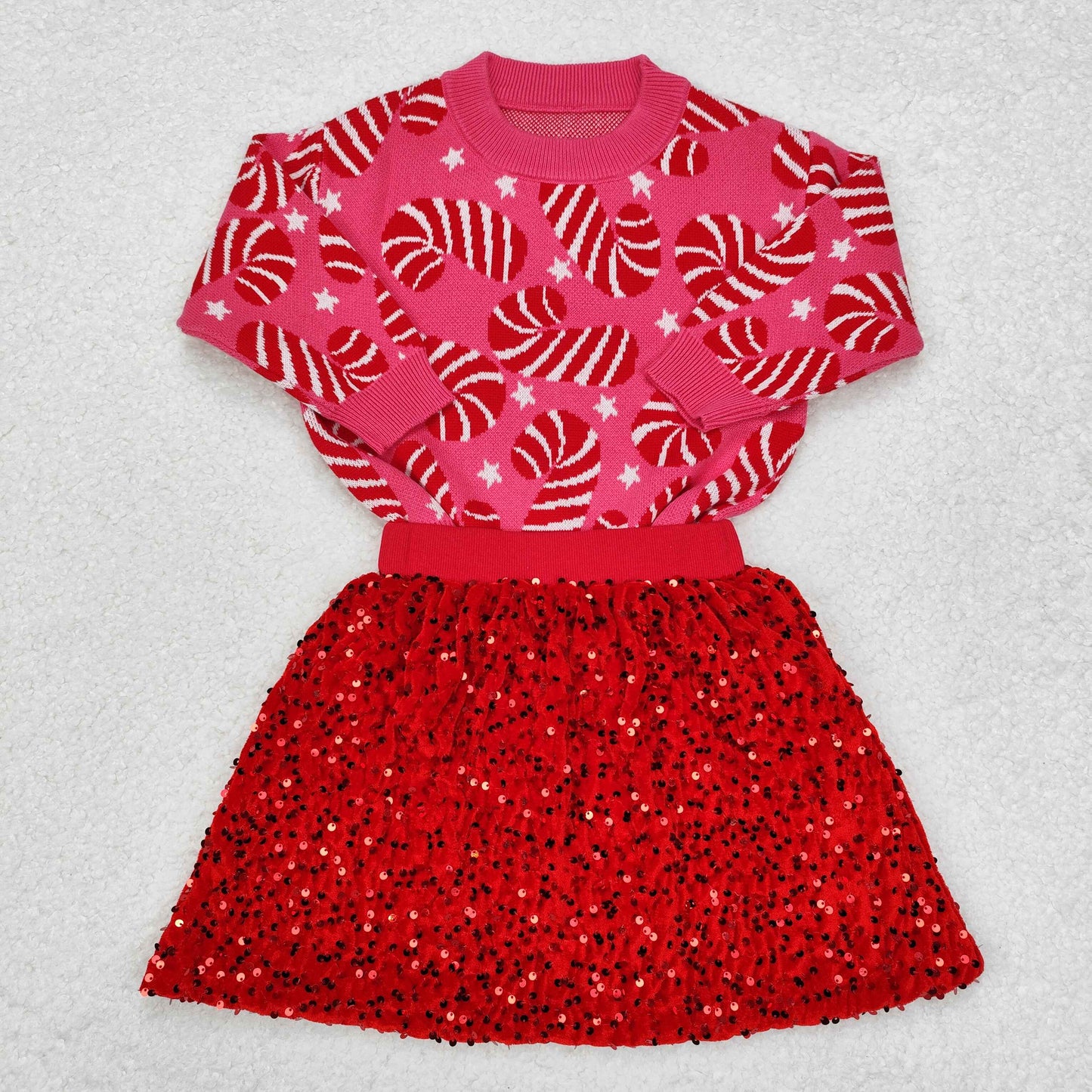 RTS NO MOQ ETA 5/7days GT0665+GLK0027 Christmas cane star pink long-sleeved sweater Red sequin skirt