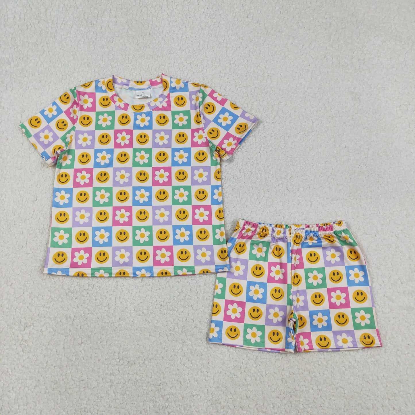 RTS NO MOQ（In Stock) Smiley Face Flower Colorful Checkered Short-Sleeved Shorts Set