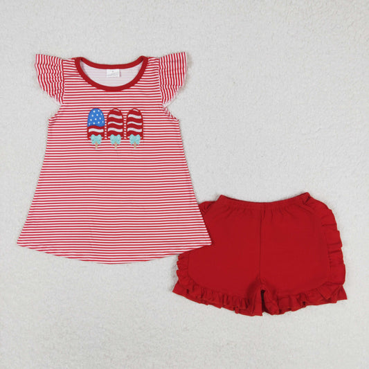 rts no moq GSSO0759 Embroidery bow stars stripes ice cream stripes flying sleeves red shorts suit