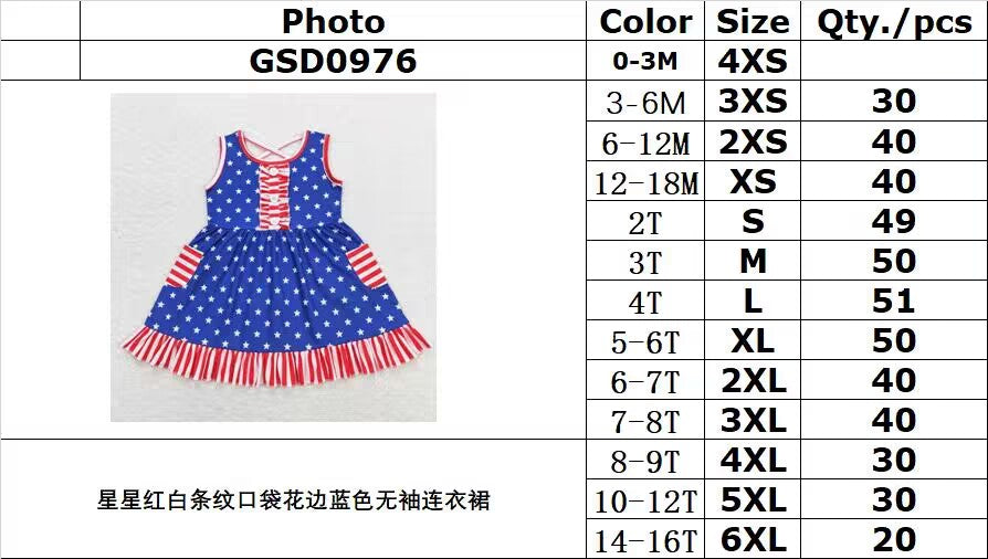 GSD0976 Star red and white striped pocket lace blue sleeveless dress