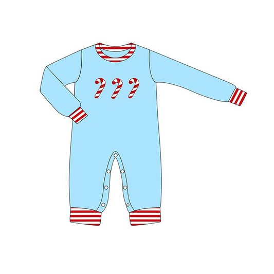 Deadline  September 23 custom no moq eta 6-8weeks Red Striped Christmas Cane Pattern-Sky Blue Long Romper