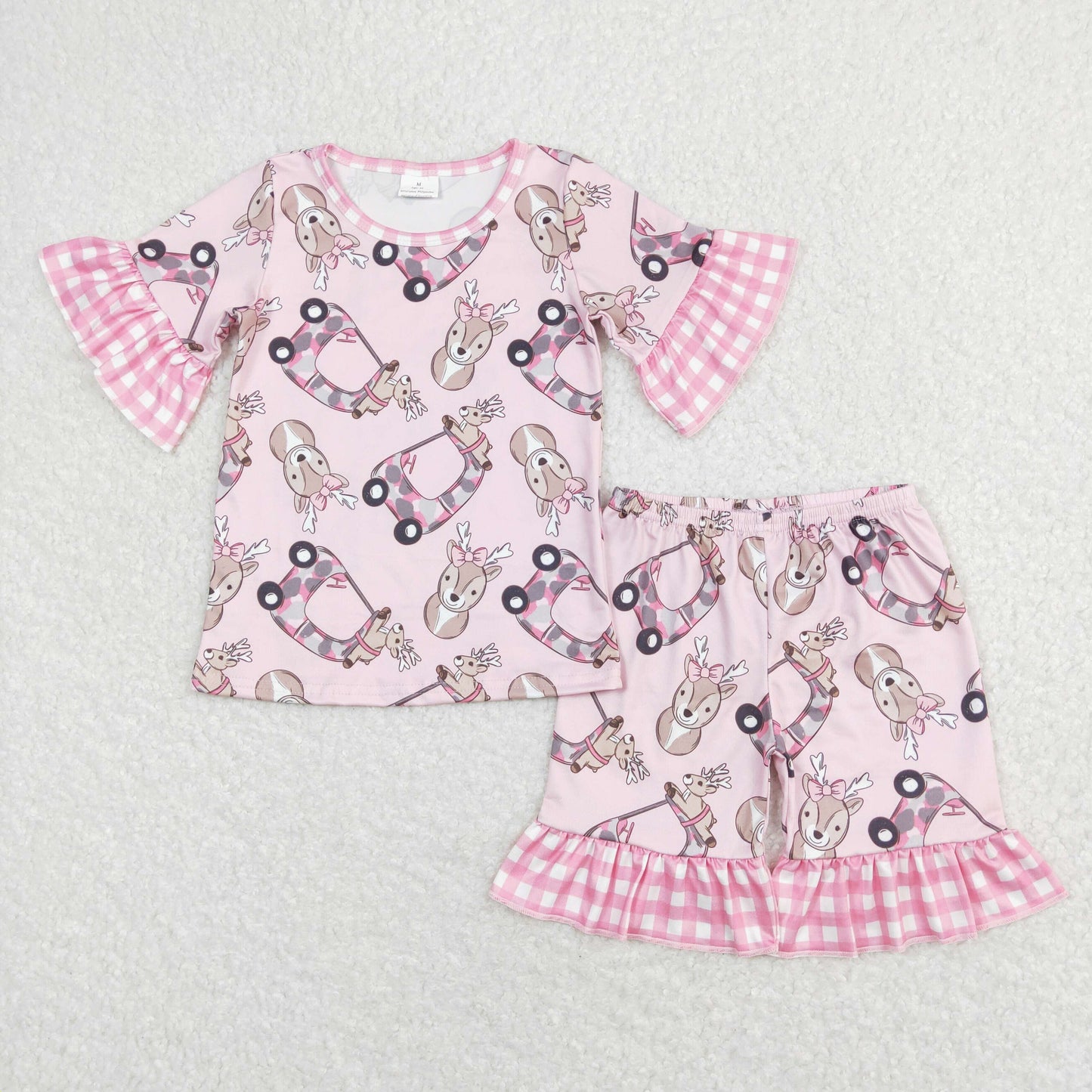 GSSO0401 Fawn camouflage car pink and white plaid lace pink short-sleeved shorts suit