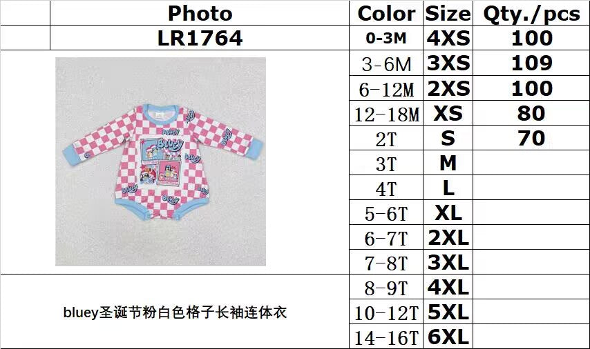 RTS NO MOQ ETA 5/7days LR1764 bluey Christmas pink and white plaid long-sleeved jumpsuit