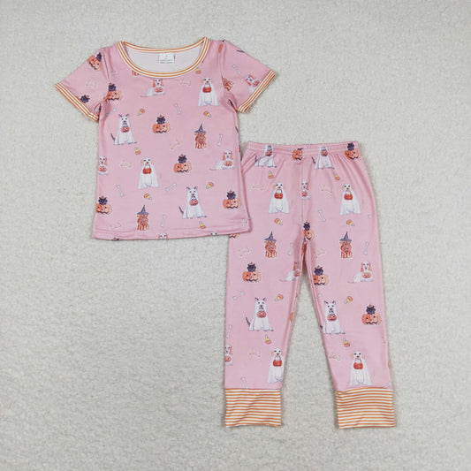 RTS NO MOQ GSPO1538 Pumpkin lantern puppy pink short-sleeved long pants pajama set