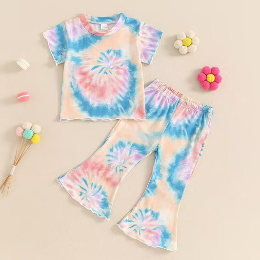 custom moq 5 eta 5-6weeks baby girls clothes tie dye short Sleeve Long Pants Set